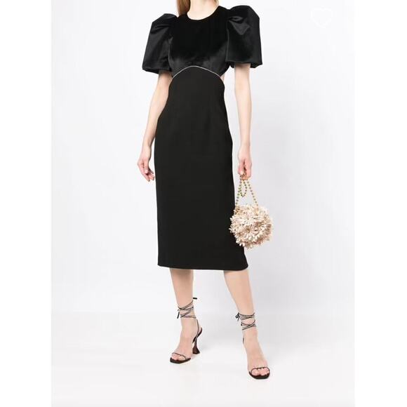 REBECCA VALLANCE PUFF SHOULDER MIDI DRESS IN BLACK SIZE 4 - Picture 1 of 16